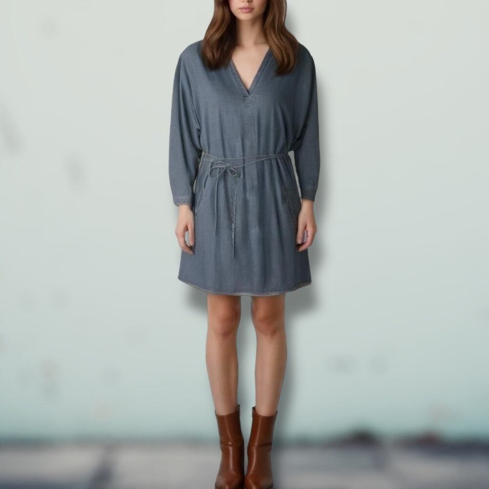 GAP Size L Long Sleeve Split‎ Neck Denim Popover Dress Western Coastal Cowgirl
